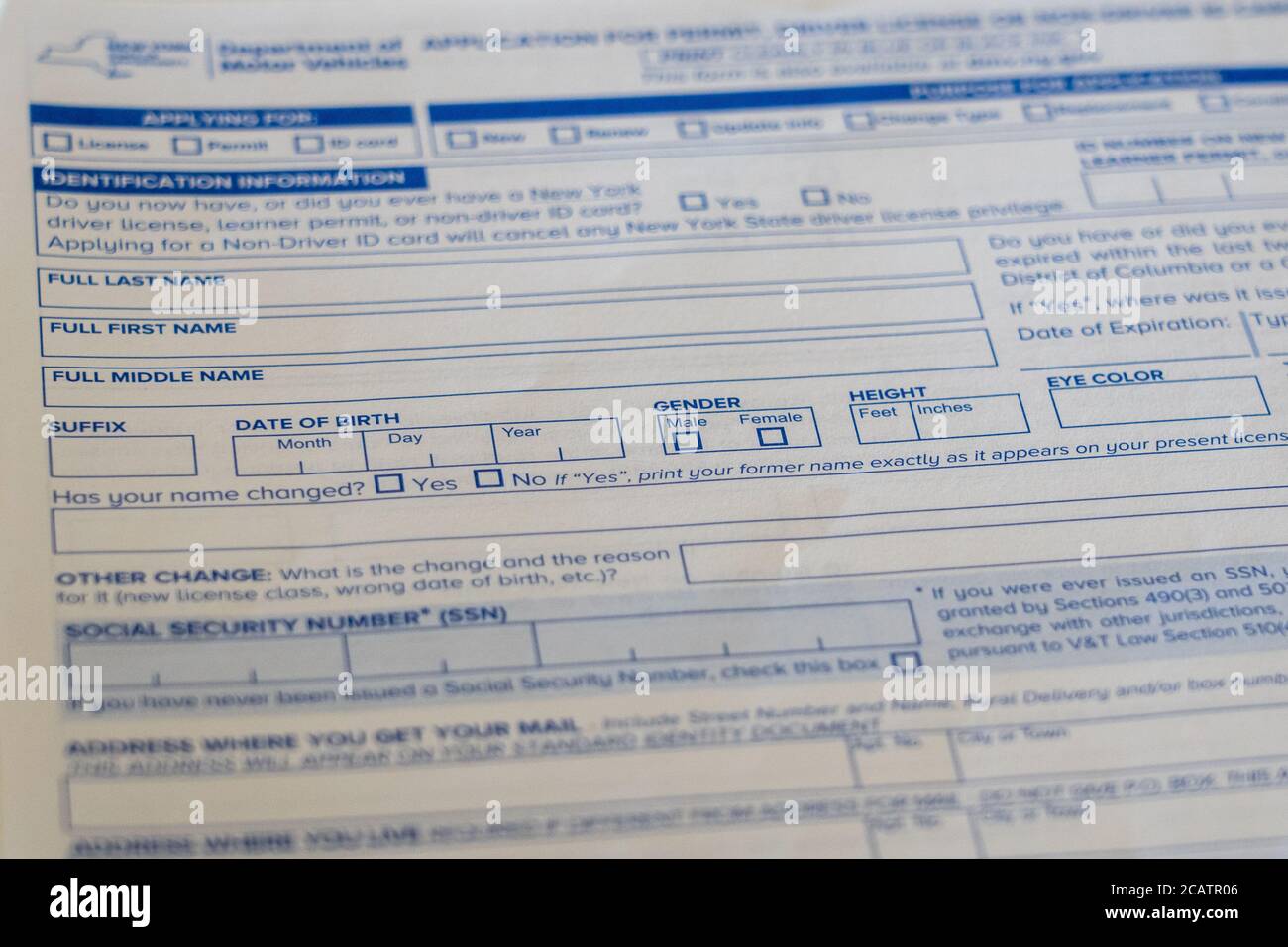 NEW YORK, NY - AUGUST 08: NY State Department of Motor Vehicles application (mv-44) for driver license on August 8, 2020 in New York City. Stock Photo