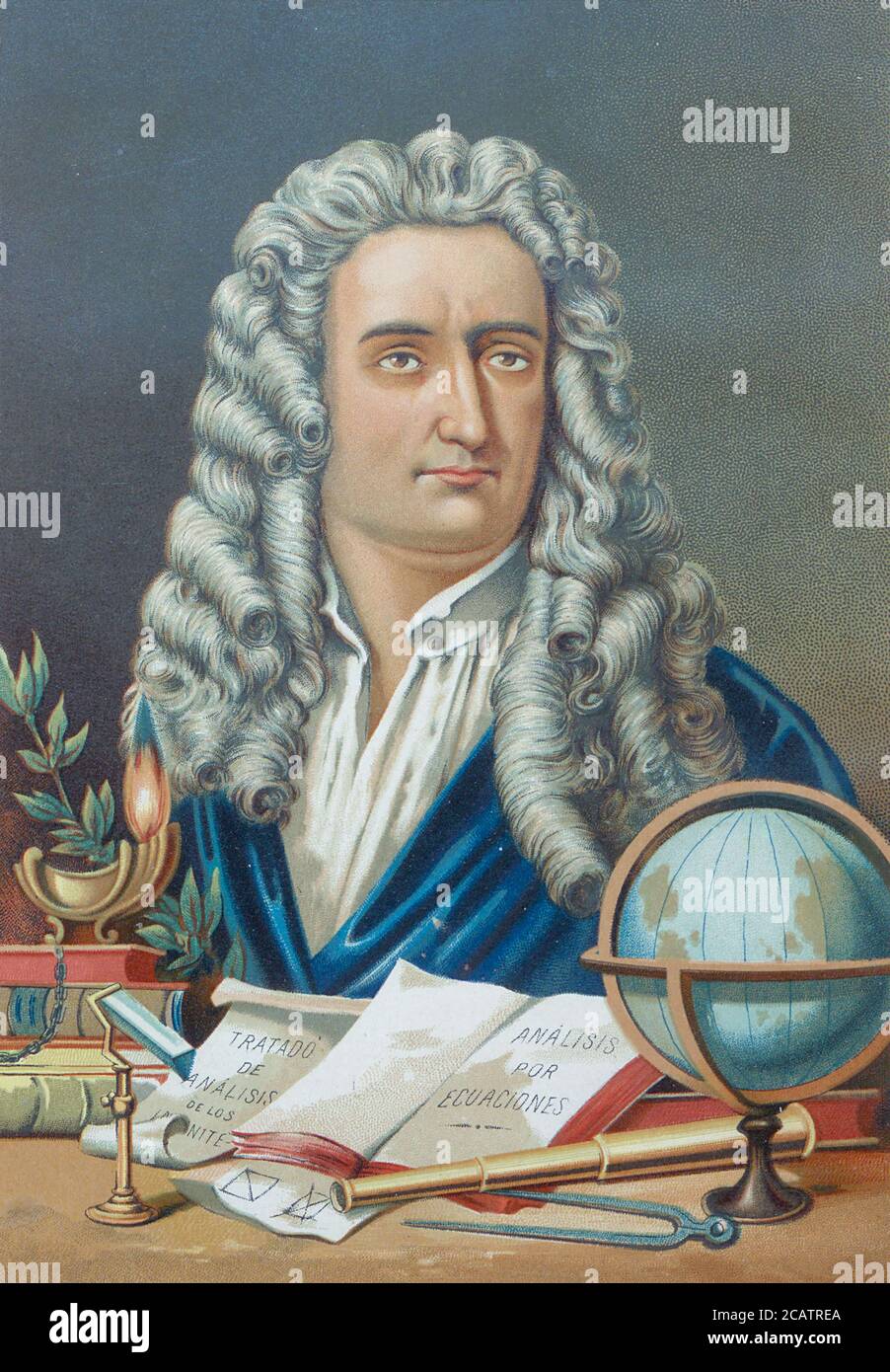 Portrait of Sir Isaac Newton PRS (25 December 1642 – 20 March 1726) was an English mathematician, physicist, astronomer, theologian, and author From the book La ciencia y sus hombres : vidas de los sabios ilustres desde la antigüedad hasta el siglo XIX T. 3  [Science and its men: lives of the illustrious sages from antiquity to the 19th century Vol 3] By by Figuier, Louis, (1819-1894); Casabó y Pagés, Pelegrín, n. 1831 Published in Barcelona by D. Jaime Seix, editor , 1879 (Imprenta de Baseda y Giró) Stock Photo