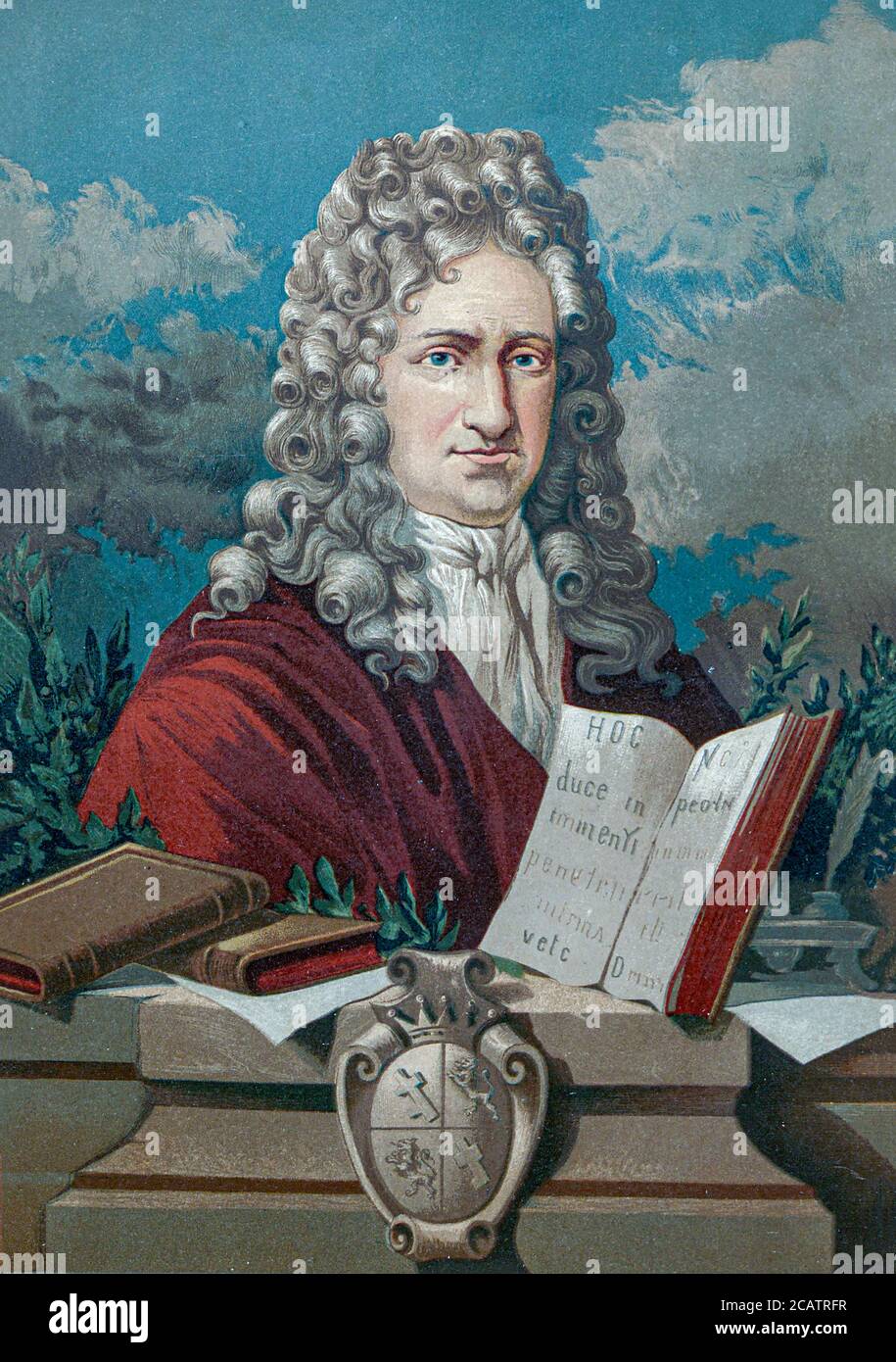 Gottfried Wilhelm (von) Leibniz (Leibnitz) (1 July 1646 – 14 November 1716) was a prominent German polymath and one of the most important logicians, mathematicians and natural philosophers of the Enlightenment. From the book La ciencia y sus hombres : vidas de los sabios ilustres desde la antigüedad hasta el siglo XIX T. 3  [Science and its men: lives of the illustrious sages from antiquity to the 19th century Vol 3] By by Figuier, Louis, (1819-1894); Casabó y Pagés, Pelegrín, n. 1831 Published in Barcelona by D. Jaime Seix, editor , 1879 (Imprenta de Baseda y Giró) Stock Photo