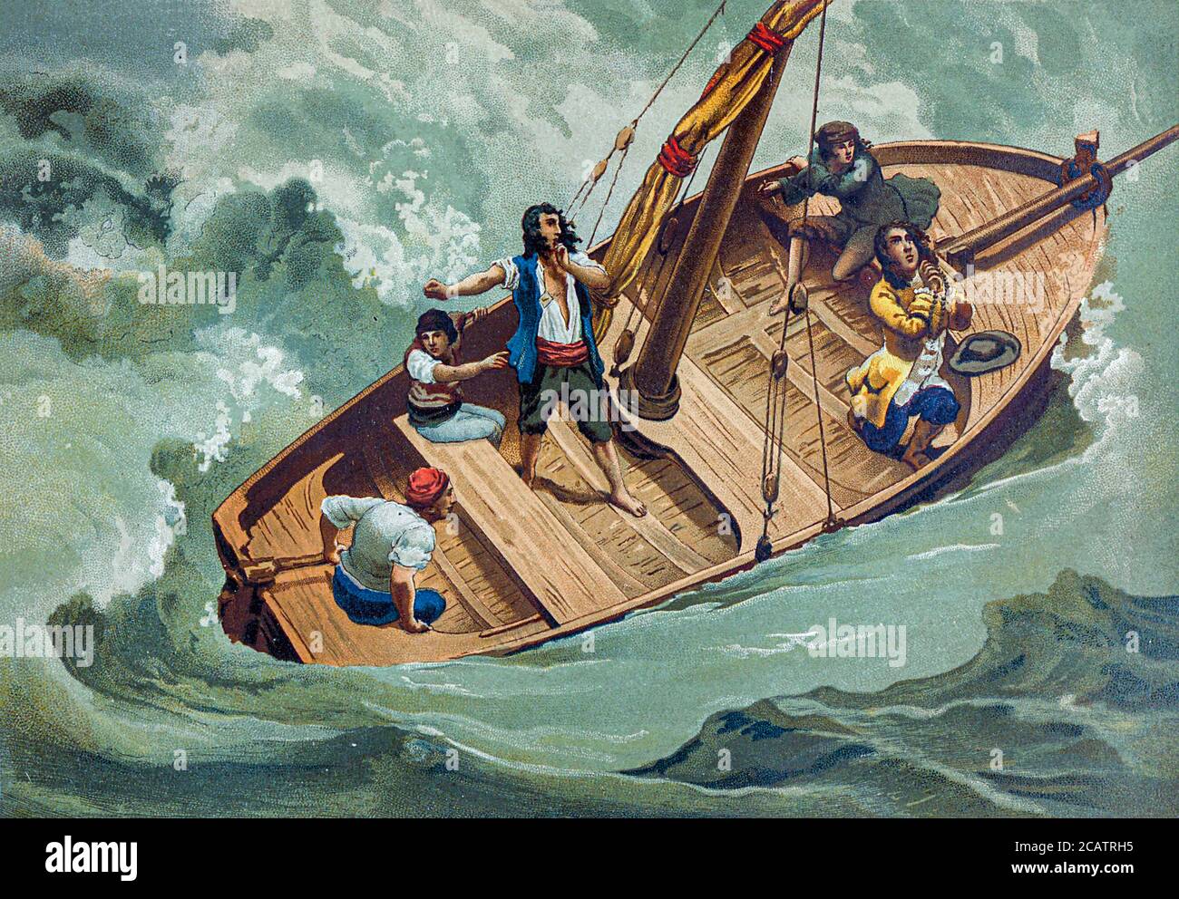 Gottfried Wilhelm (von) Leibniz (Leibnitz) (1 July 1646 – 14 November 1716) was a prominent German polymath and one of the most important logicians, mathematicians and natural philosophers of the Enlightenment. Here praying in a boat during a storm. From the book La ciencia y sus hombres : vidas de los sabios ilustres desde la antigüedad hasta el siglo XIX T. 3  [Science and its men: lives of the illustrious sages from antiquity to the 19th century Vol 3] By by Figuier, Louis, (1819-1894); Casabó y Pagés, Pelegrín, n. 1831 Published in Barcelona by D. Jaime Seix, editor , 1879 (Imprenta de Bas Stock Photo