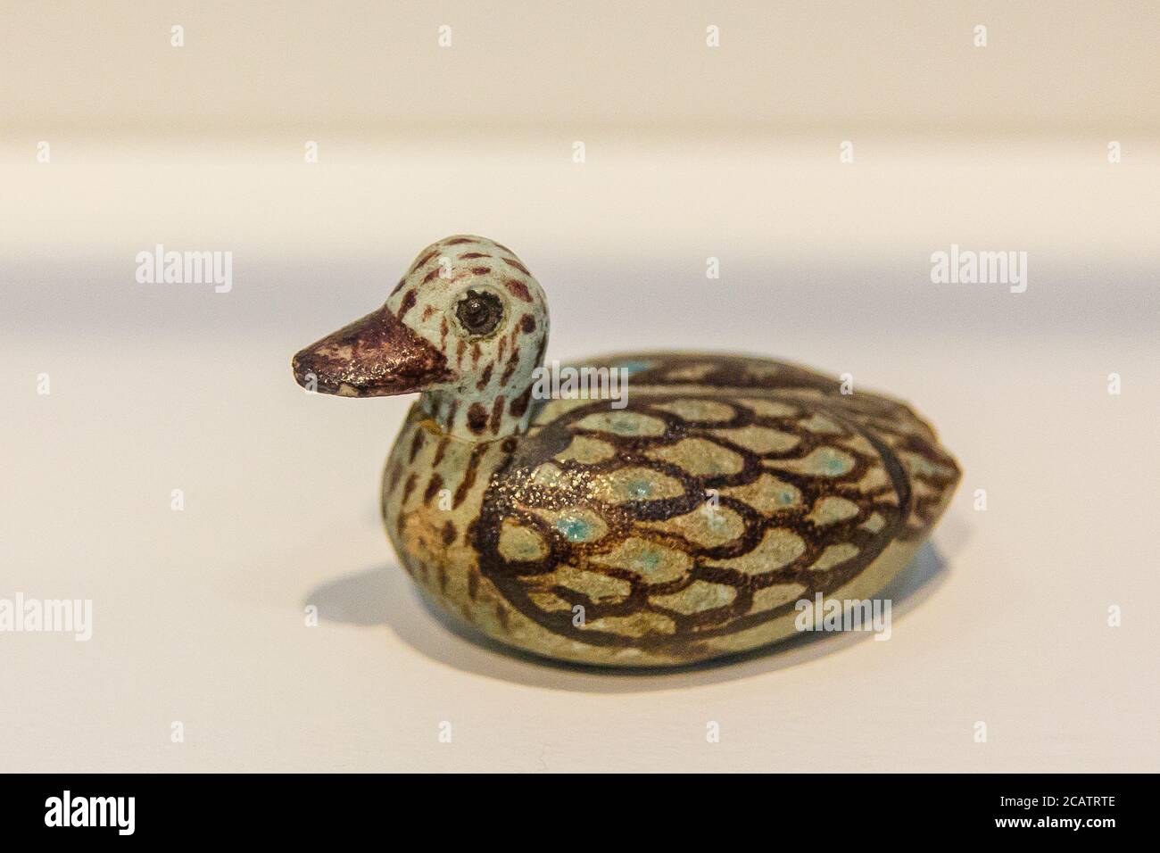 Exhibition 'The animal kingdom in Ancient Egypt', organized in 2015 by the Louvre Museum in Lens. Duck, faience, 12th dynasty. Stock Photo