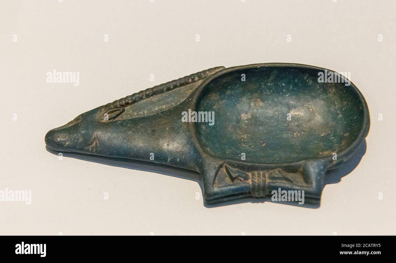 Exhibition 'The animal kingdom in Ancient Egypt', organized in 2015 by the Louvre Museum in Lens. Offering spoon in the form of an oryx. Stock Photo