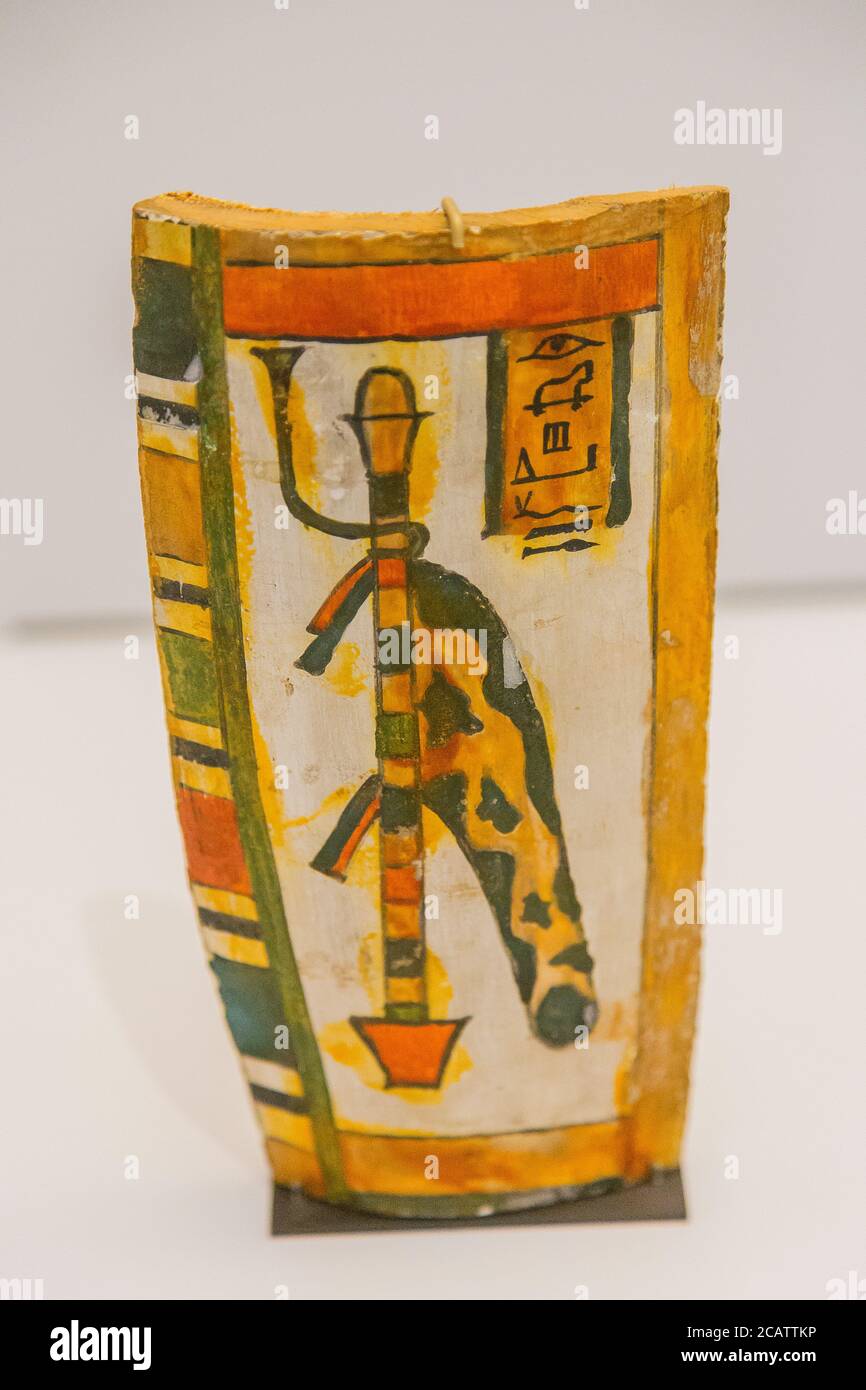 Exhibition 'The animal kingdom in Ancient Egypt', organized in 2015 by the Louvre Museum in Lens. Fragment of cartonnage, the mysterious nebride. Stock Photo