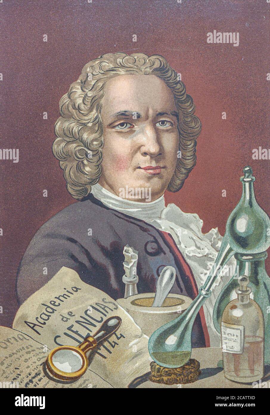 Guillaume François Rouelle (15 September 1703 – 3 August 1770) was a French chemist and apothecary. In 1754 he introduced the concept of a base into chemistry, as a substance which reacts with an acid to give it solid form (as a salt). From the book La ciencia y sus hombres : vidas de los sabios ilustres desde la antigüedad hasta el siglo XIX T. 3  [Science and its men: lives of the illustrious sages from antiquity to the 19th century Vol 3] By by Figuier, Louis, (1819-1894); Casabó y Pagés, Pelegrín, n. 1831 Published in Barcelona by D. Jaime Seix, editor , 1879 (Imprenta de Baseda y Giró) Stock Photo