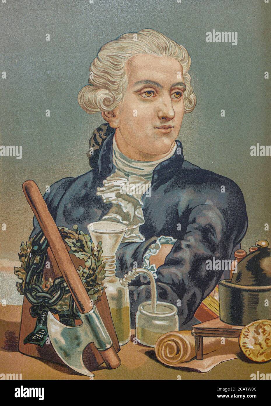 Antoine-Laurent de Lavoisier (26 August 1743 – 8 May 1794), also Antoine Lavoisier after the French Revolution, was a French nobleman and chemist who was central to the 18th-century chemical revolution and who had a large influence on both the history of chemistry and the history of biology. He is widely considered in popular literature as the 'father of modern chemistry'. From the book La ciencia y sus hombres : vidas de los sabios ilustres desde la antigüedad hasta el siglo XIX T. 3  [Science and its men: lives of the illustrious sages from antiquity to the 19th century Vol 3] By by Figuier, Stock Photo