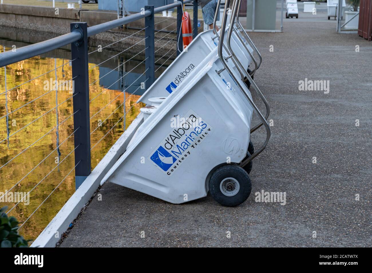 Trolleys at D'Albora Marinas Akuna Bay on a cloudy winter afternoon Stock Photo