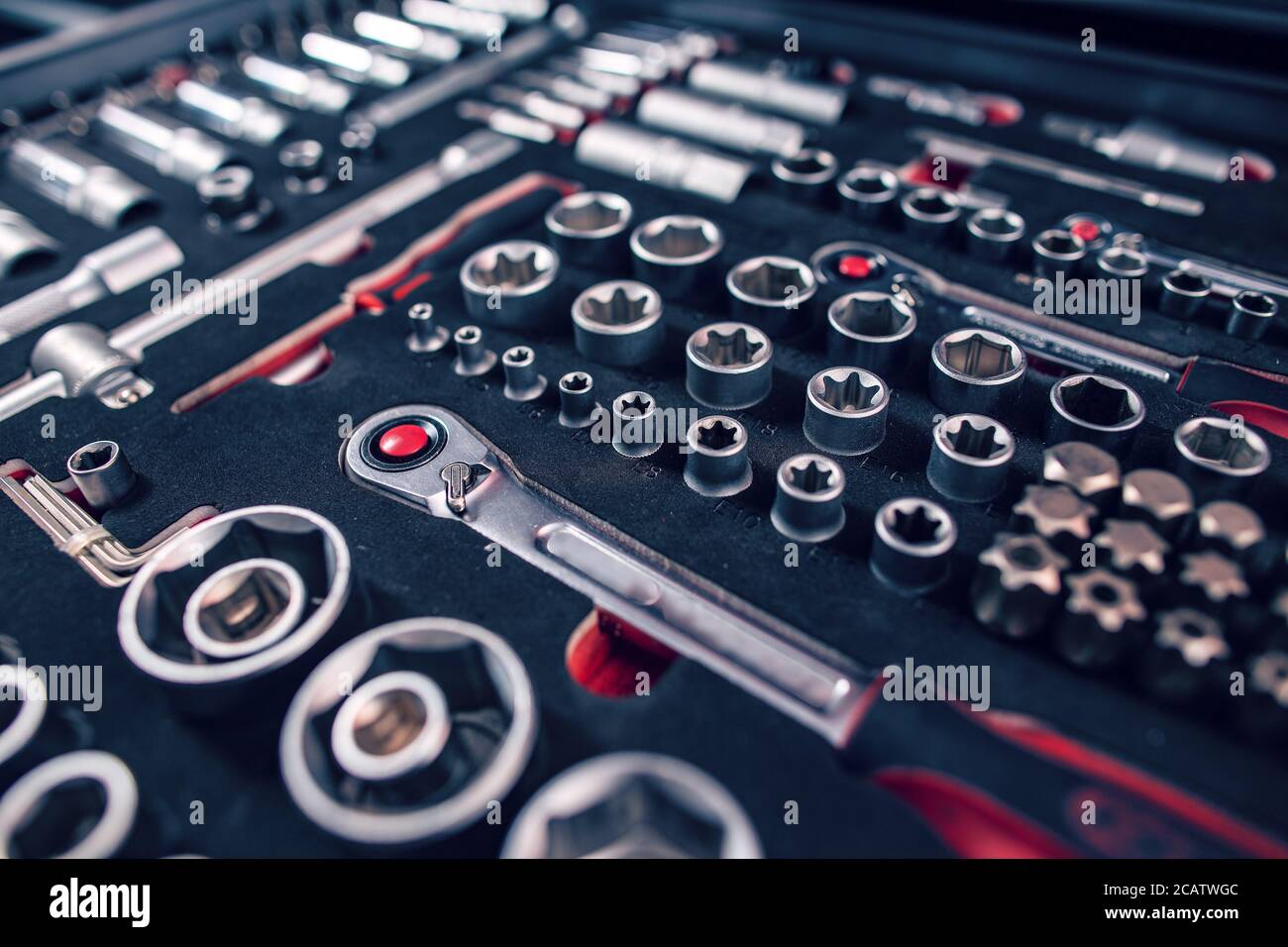 Set of universal tools in a suitcase for car repair, close up Stock Photo
