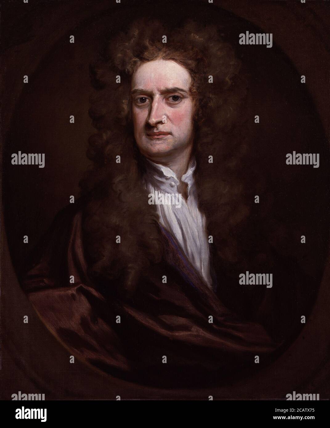 Portrait of Sir Isaac Newton, English physicist, mathematician, astronomer, philosopher by Sir Godfrey Kneller (English school) 1702. Newton's (1643-1727) discoveries were prolific and exerted a huge influence on science and thought. His theories of gravity and his three laws of motion were outlined in his greatest work, Philosophiae Naturalis Principia Mathematica, (1687) and he is credited with discovering differential calculus. He also formulated theories regarding optics and the nature of light that led to him building the first reflecting telescope. Knighted by Queen Anne in 1705, Newton Stock Photo