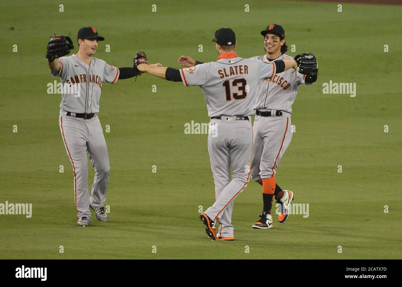 Los Angeles, United States. 09th Aug, 2020. San Francisco Giants' outfielders celebrate their 5-4 victory over the Los Angeles Dodgers at Dodger Stadium in Los Angeles on Saturday, August 8, 2020. Photo by Jim Ruymen/UPI Credit: UPI/Alamy Live News Stock Photo