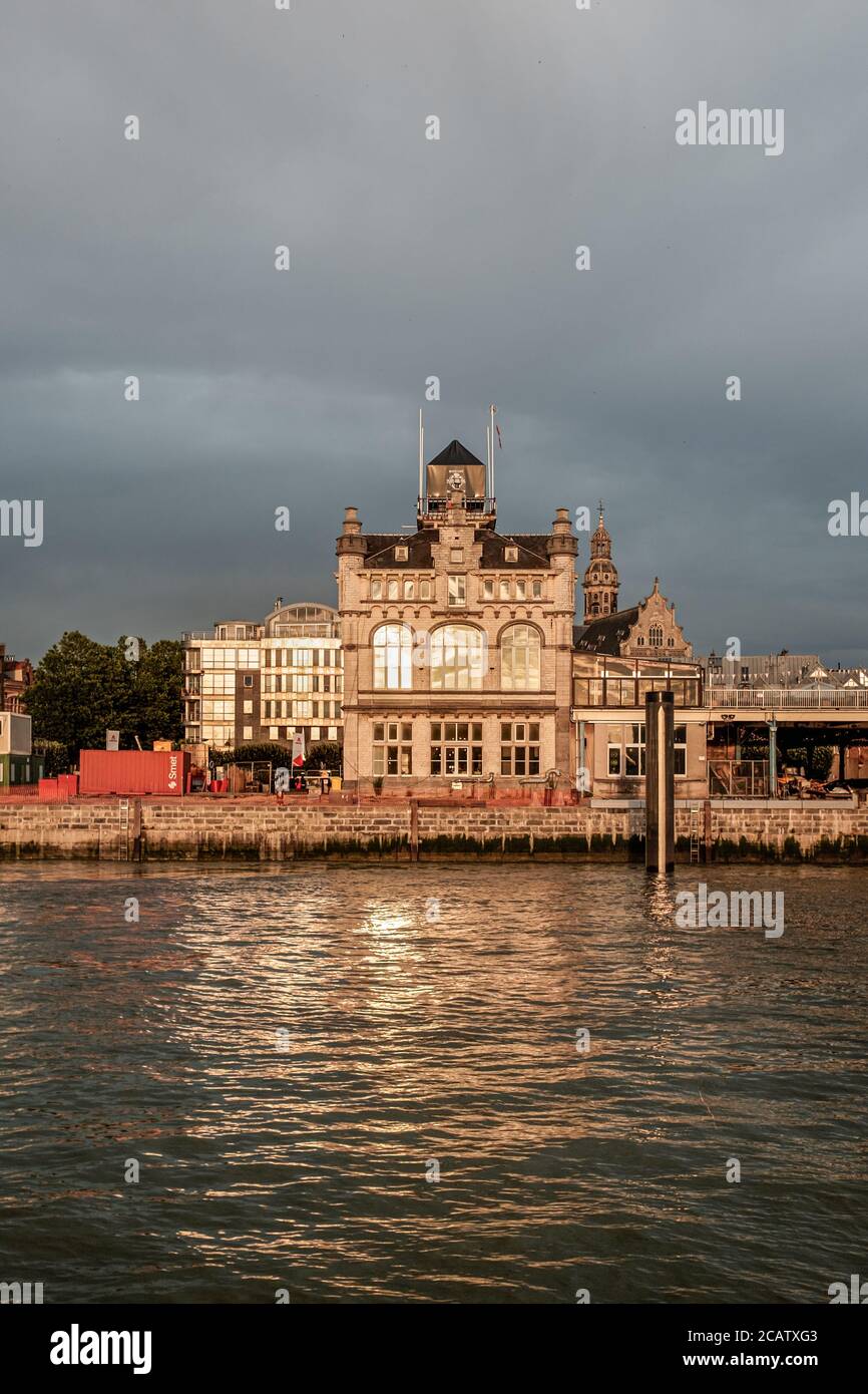 Sunset over historical buildings in the center of Antwerp Stock Photo
