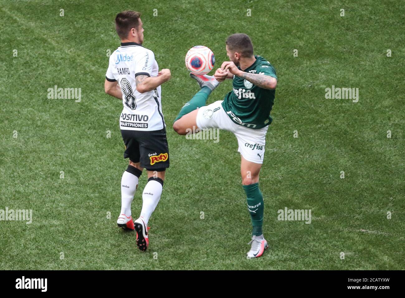 Brazil. 08th Aug, 2020. Ramiro and Ze Rafael during a game between Palmeiras vs Corinthians, a match valid for the final of the Paulista Championship 2020 at Allianz Arena, West of the capital of São Paulo. (Photo by Thiago Bernardes/Pacific Press) Credit: Pacific Press Media Production Corp./Alamy Live News Stock Photo
