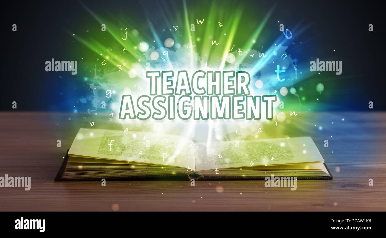Teacher Book Inscription TEACHER ASSIGNMENT inscription coming out from an open book ...