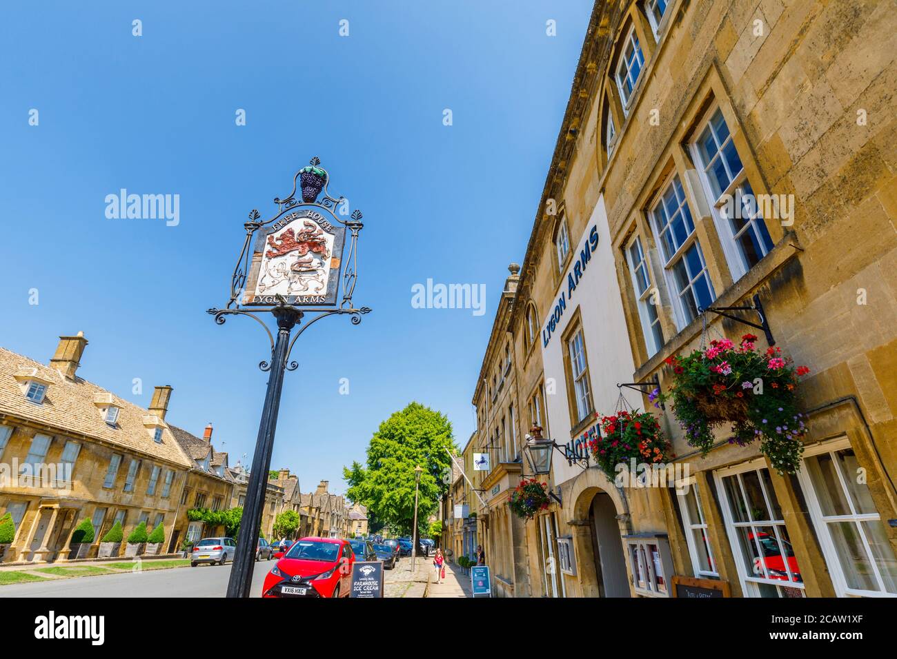 Roadside name sign of the Lygon Arms in High Street, Chipping Campden, a small market town in the Cotswolds in Gloucestershire Stock Photo