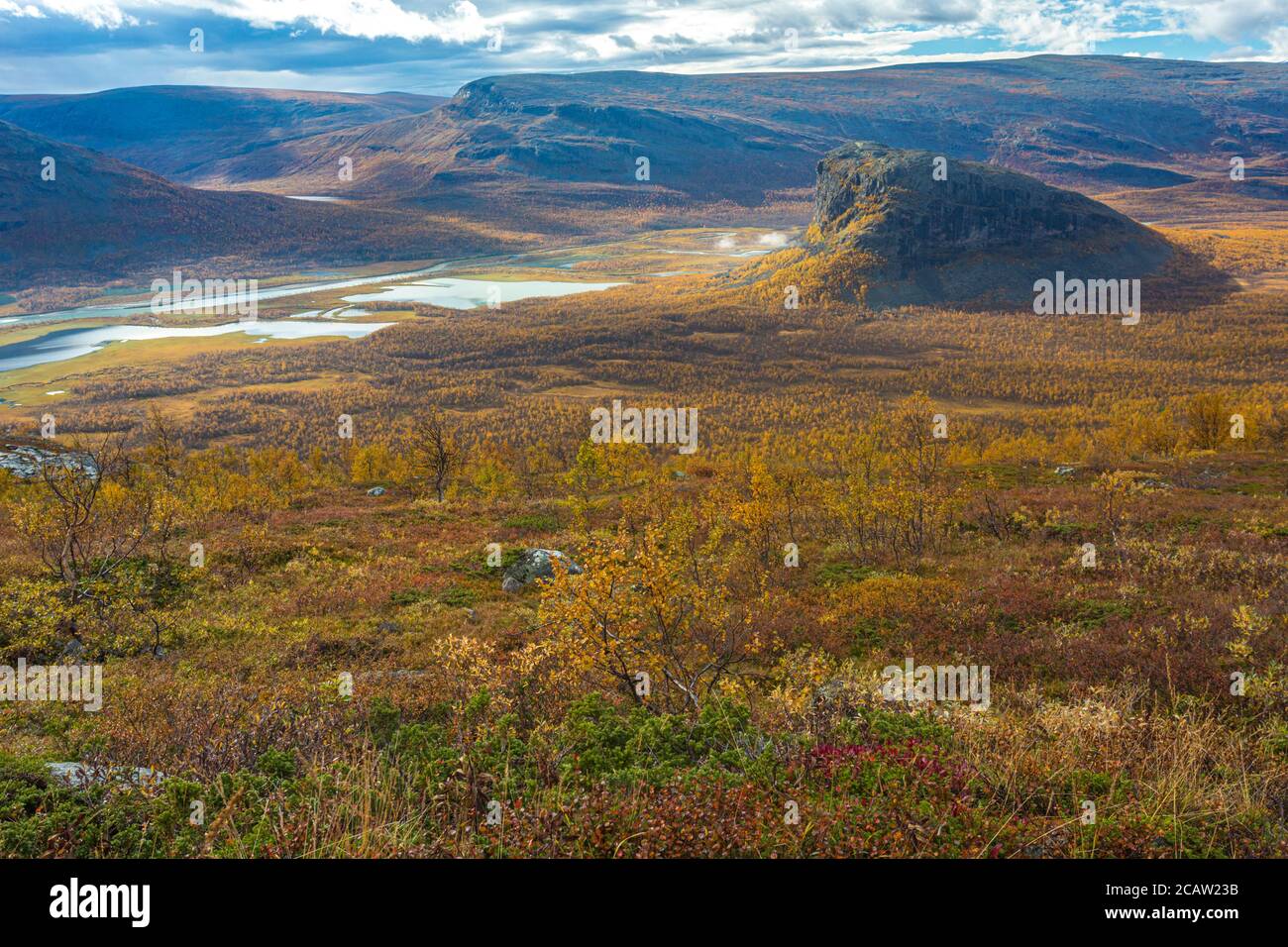 Autumn in Sarek national park, view over Mount Namatj and Rapa Valley in september, Swedish Lapland, Sweden Stock Photo