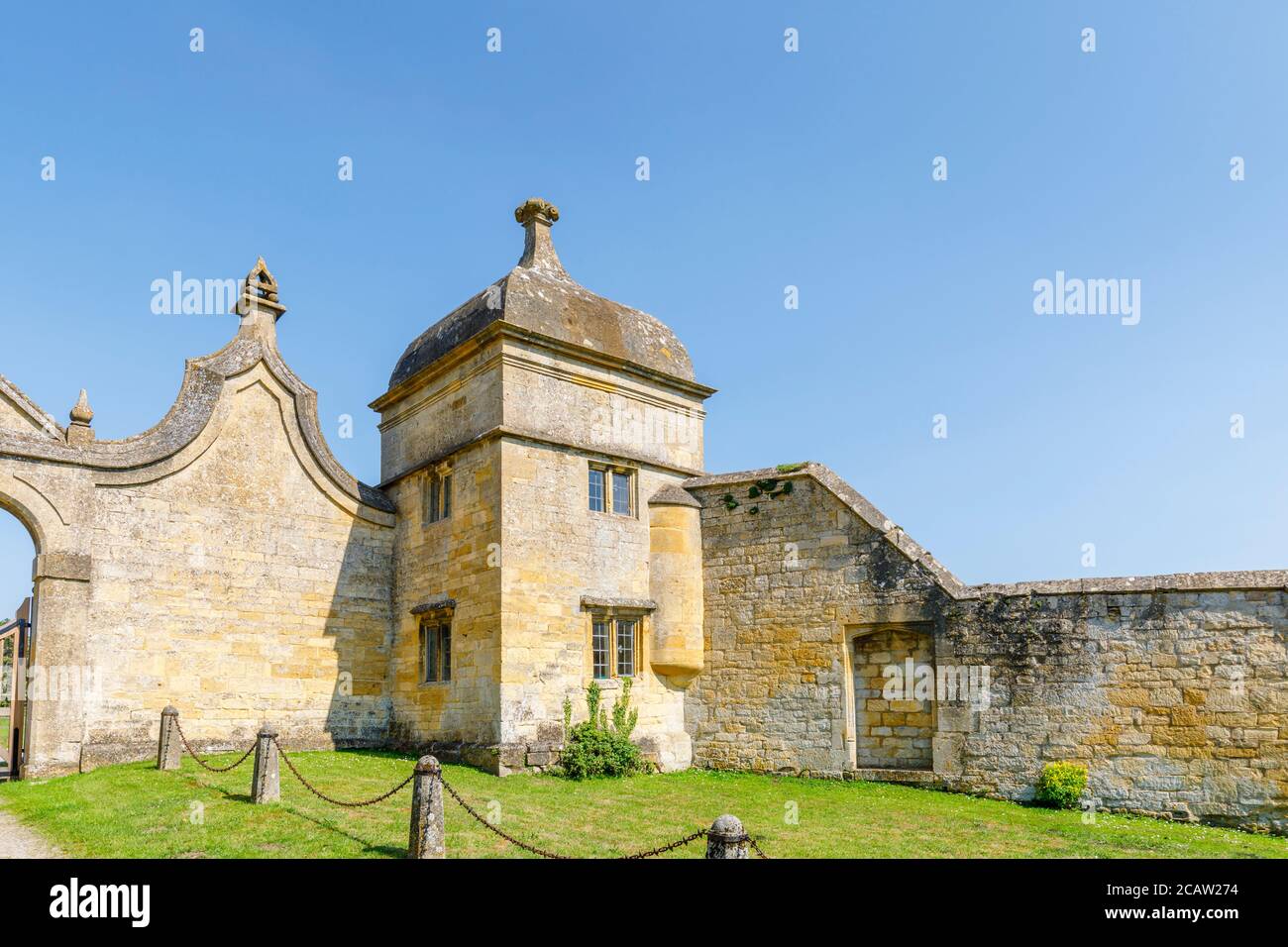 Corner tower at the entrance at Court Barn, a museum of craft & design from the Arts & Crafts movement onwards in Chipping Campden in the Cotswolds Stock Photo