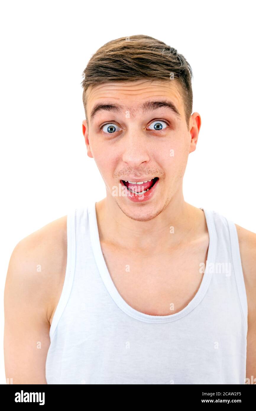 Happy Young Man in the Undershirt Isolated on the White Background Stock Photo