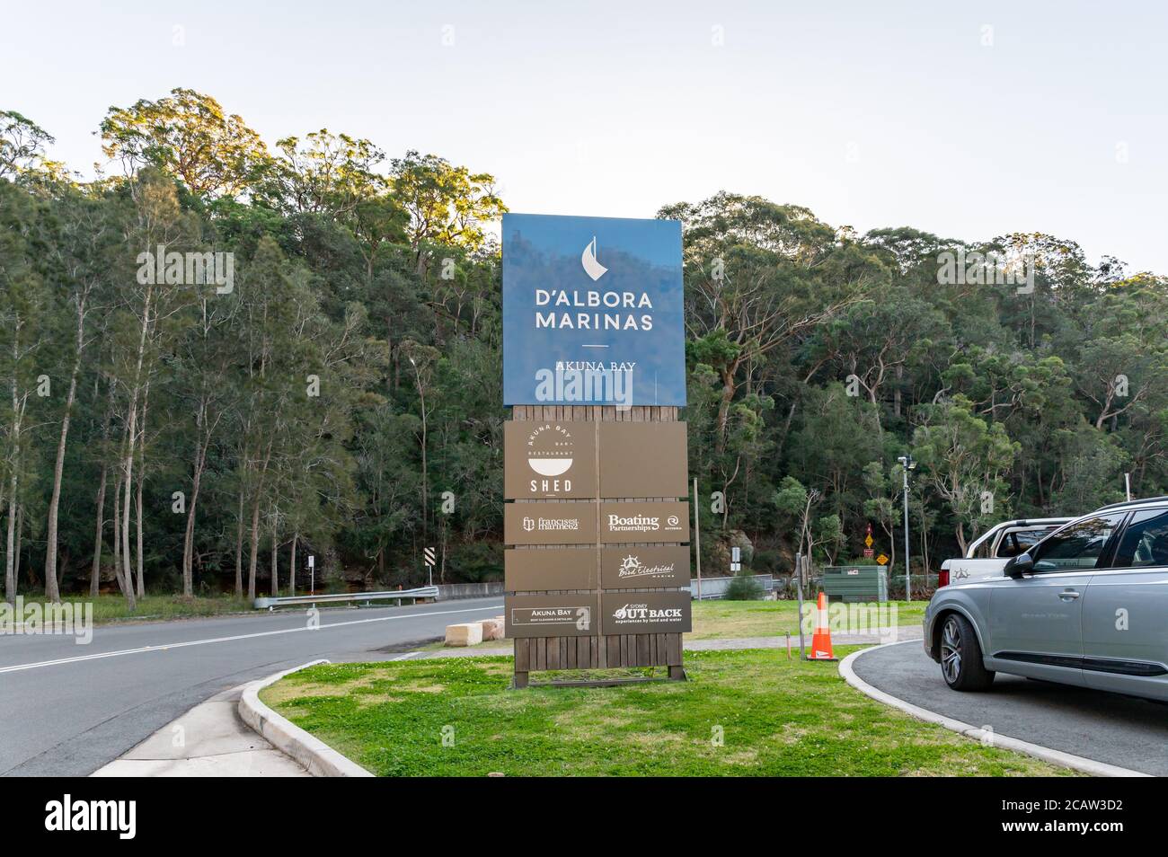 D'Albora Marinas Sign at Akuna Bay on a sunny winter afternoon Stock Photo