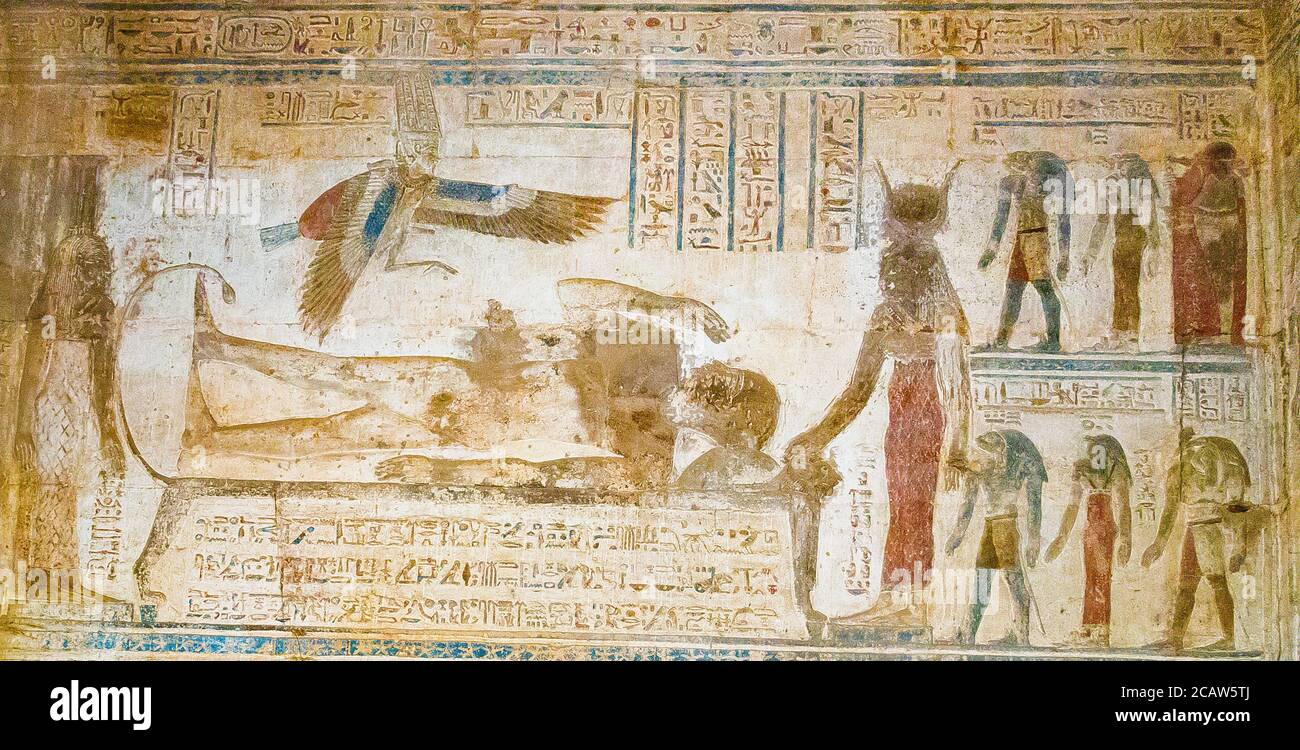 UNESCO World Heritage, Thebes in Egypt, Karnak site, temple of Opet. Osiris on bier mourned by Isis the great, the mother of the god and Nephthys. Stock Photo