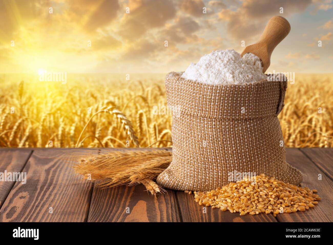 wheat flour in sack Stock Photo