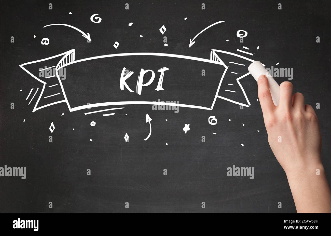 Hand drawing KPI abbreviation with white chalk on blackboard Stock
