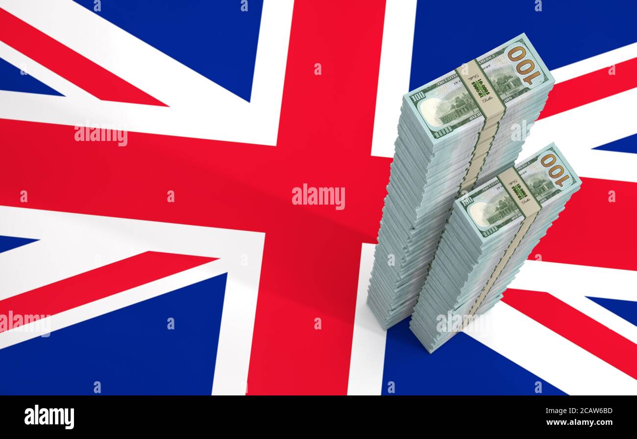 Stacks of 100 Dollar banknotes on United Kingdom national flag. Copy ...