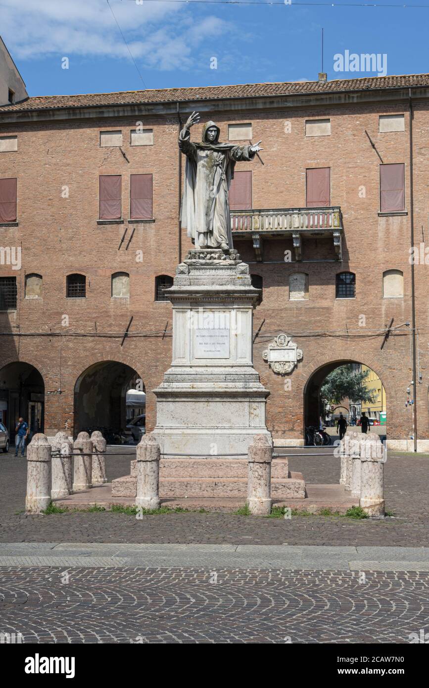 Ferrara, Italy. August 6, 2020. The statue of Girolamo Savonarola, Italian religious, politician and preacher in Ferrara, Italy Stock Photo