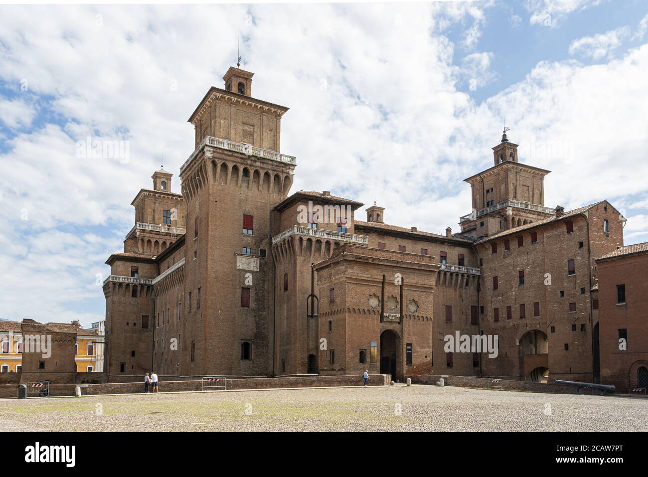 Ferrara, Italy. August 6, 2020. A panoramic view of Este Castle in the city center. Imposing 14th-century moated castle with lavish private chambers, Stock Photo