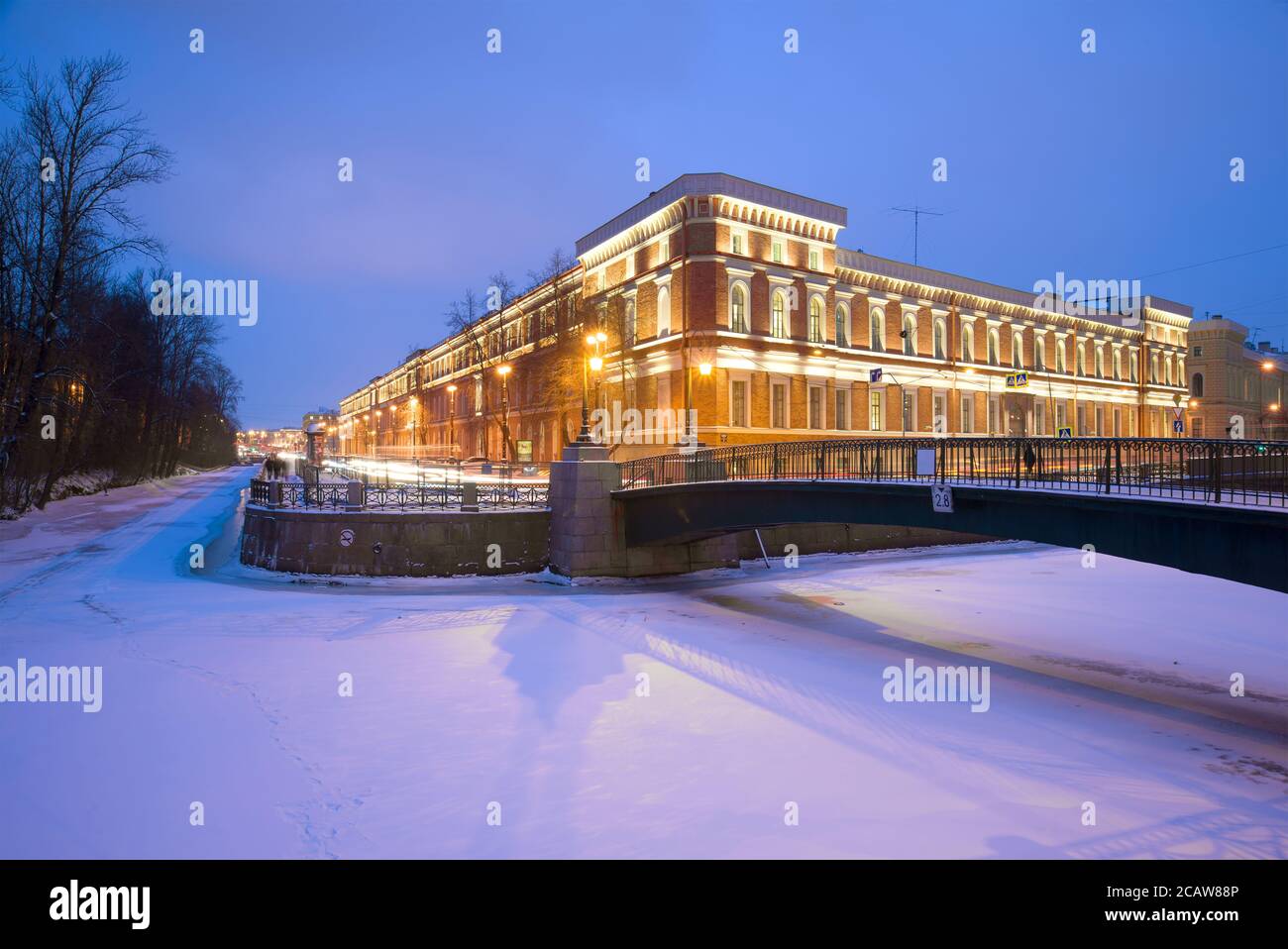 ST PETERSBURG, RUSSIA - JANUARY 30, 2018: View of the building of the Central Naval Museum from the side of the Moika river in January twilight Stock Photo