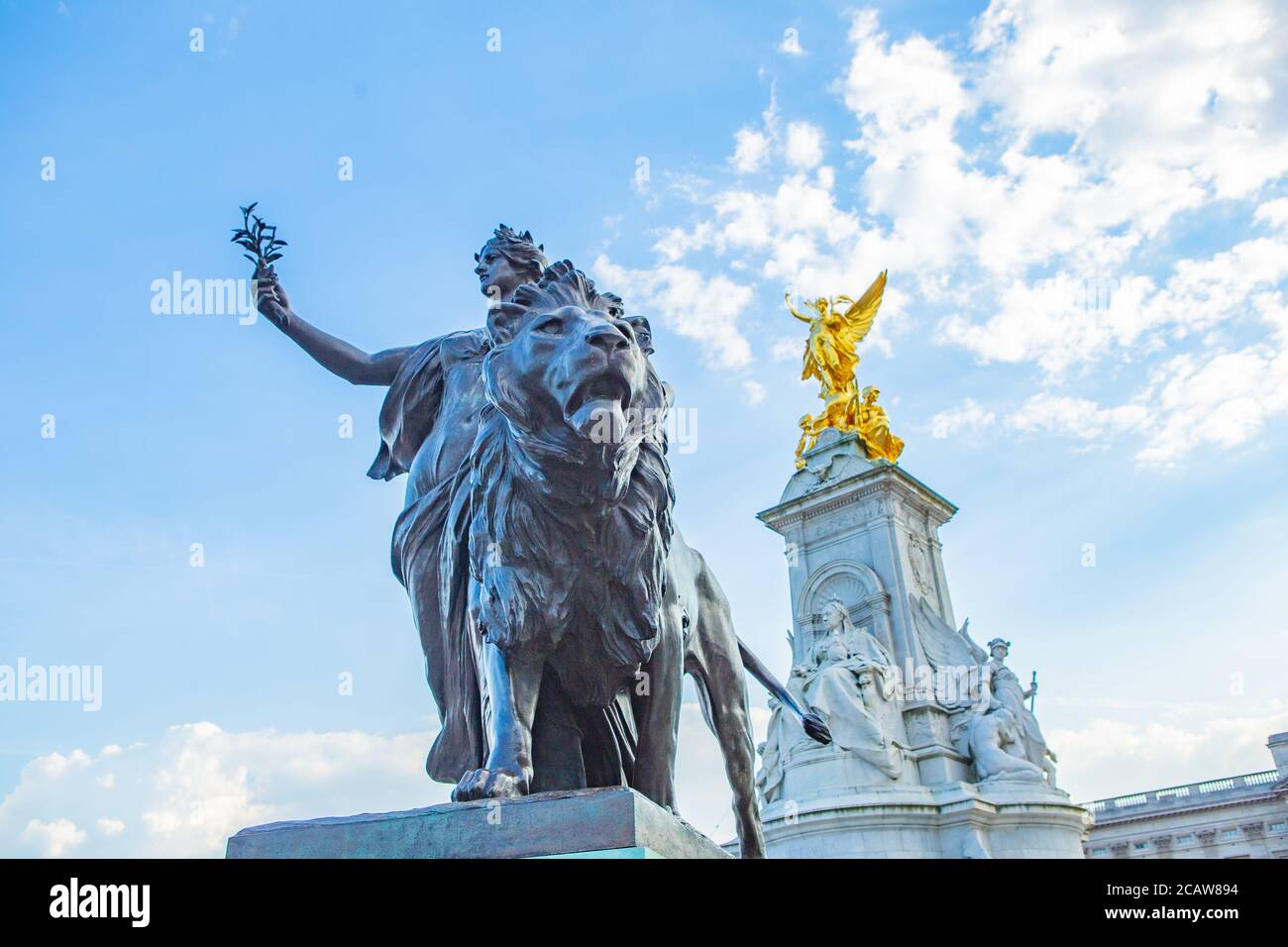 The historic statues in fornt of Buckingham Palace, in London Stock