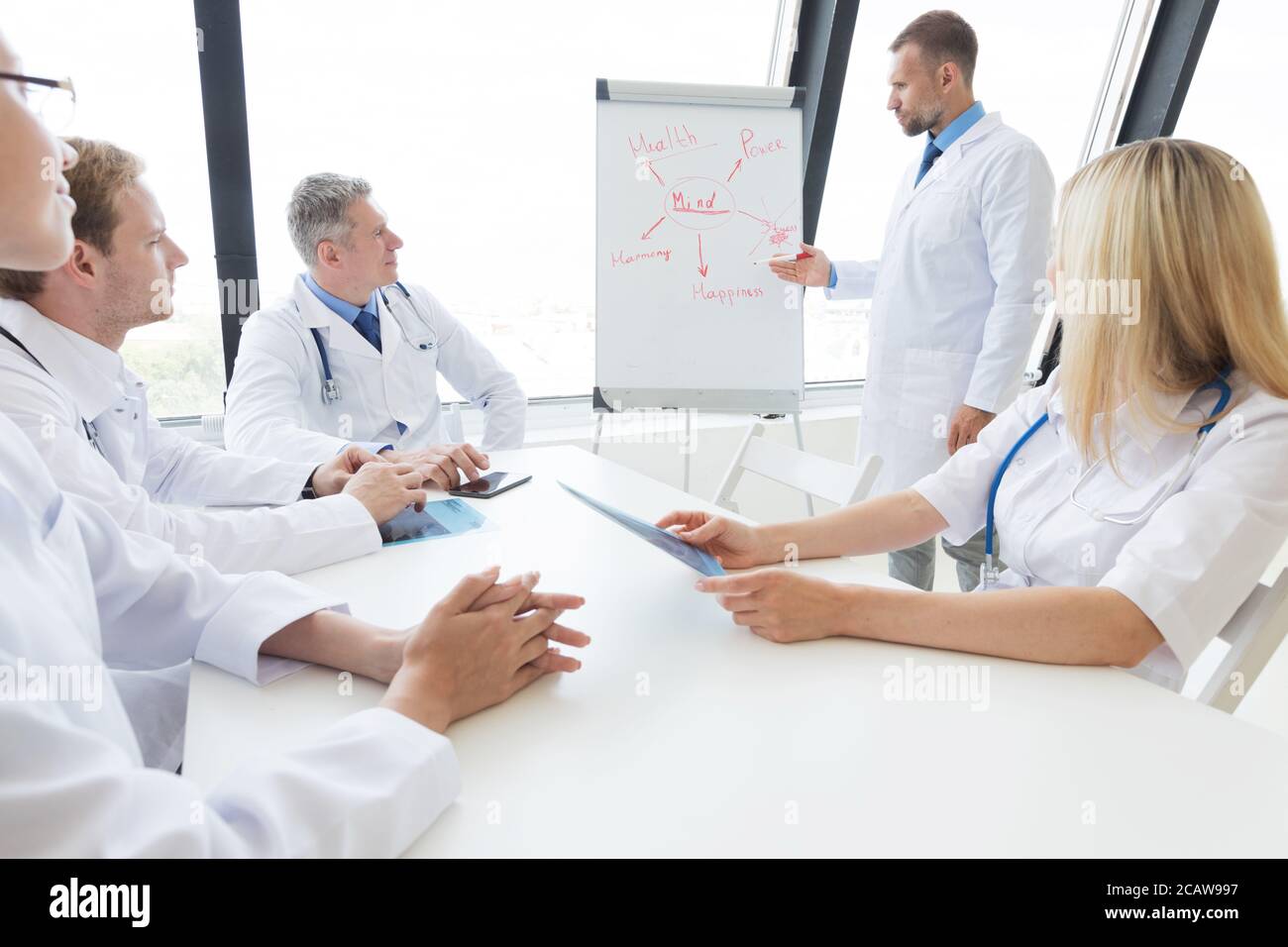 Team of medical doctors discuss mental health concept at presentation