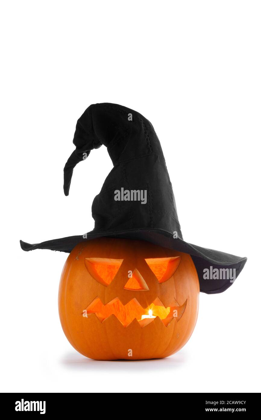 Jack O Lantern Halloween pumpkin with witches hat isolated on white ...