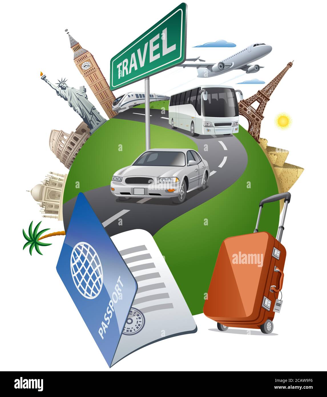 concept illustration of travel around the world famous landmarks by the ...