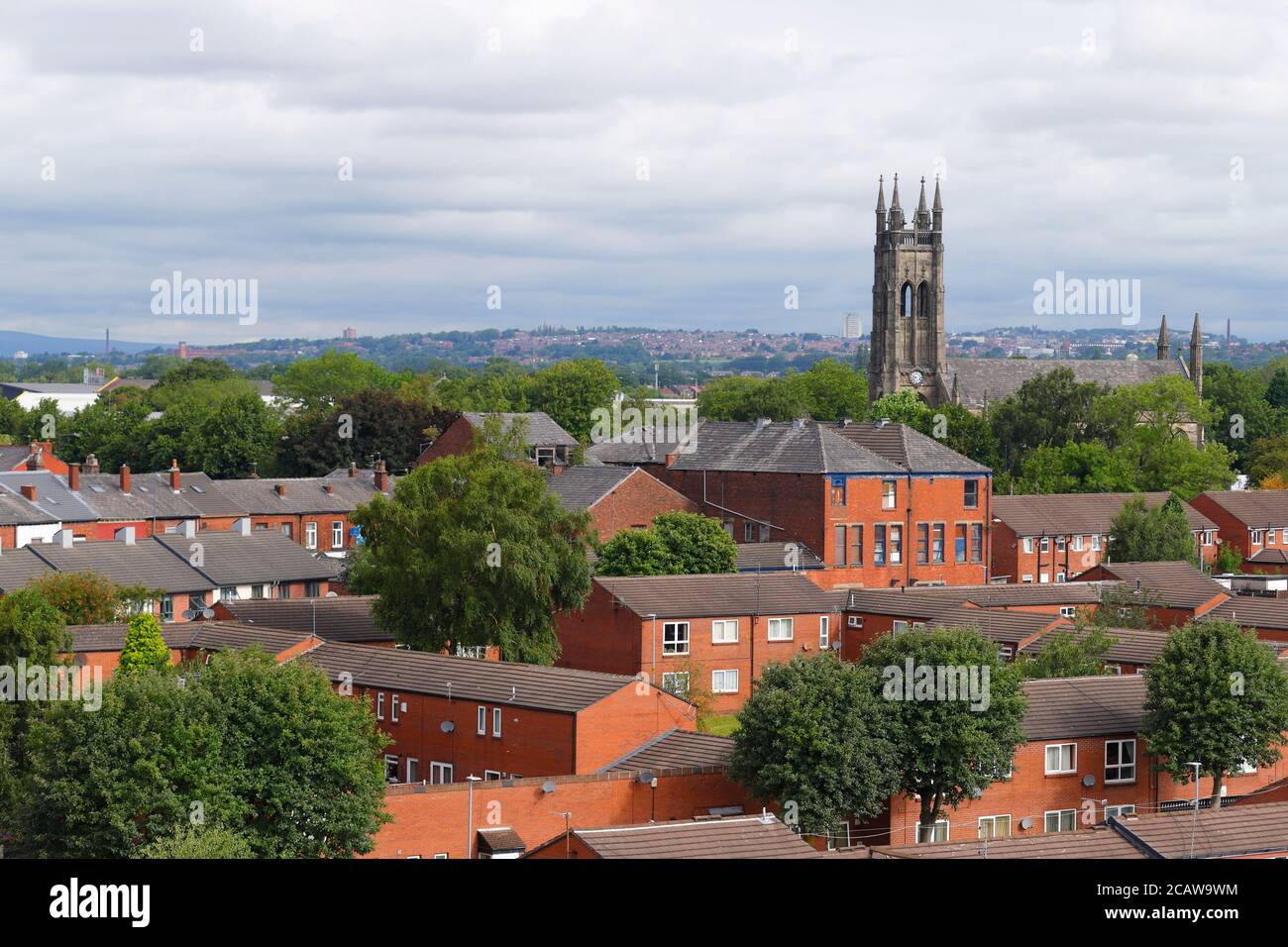 Looking across Ashton Under Lyne in Manchester with St Peters Church Stock Photo