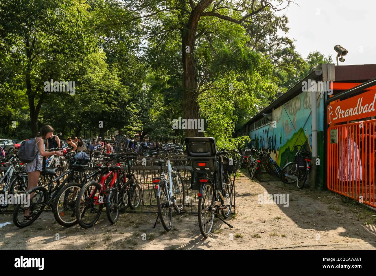 Queue in front of Strandbad Lübars lake beach in the Reinickendorf district of Berlin on a hot summer day during coronavirus crisis in Germany. Stock Photo