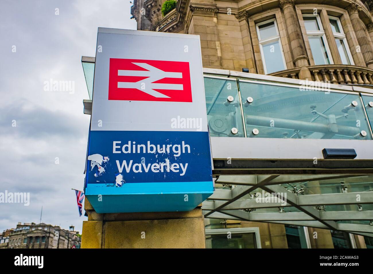 Famous Edinburgh Waverly Train Station signs on Princes Street Stock