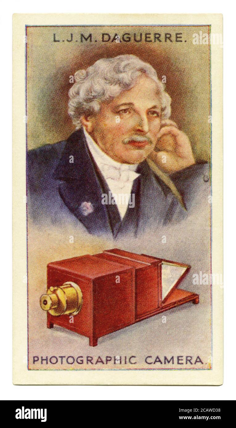 An old cigarette card (c. 1929) with a portrait of Louis-Jacques-Mandé Daguerre (1787–1851), better known as Louis Daguerre and an illustration of a camera. Daguerre was a French photographer, recognized for his invention of the daguerreotype process of photography. . A camera exposure lasting for hours or days was required before Daguerre's method. The daguerreotype produced a one-off image. Despite this, millions of daguerreotypes were made, capable of fine detail. A negative-positive print-making process was available in the 1850s. By 1860 few photographers were using Daguerre's process. Stock Photo