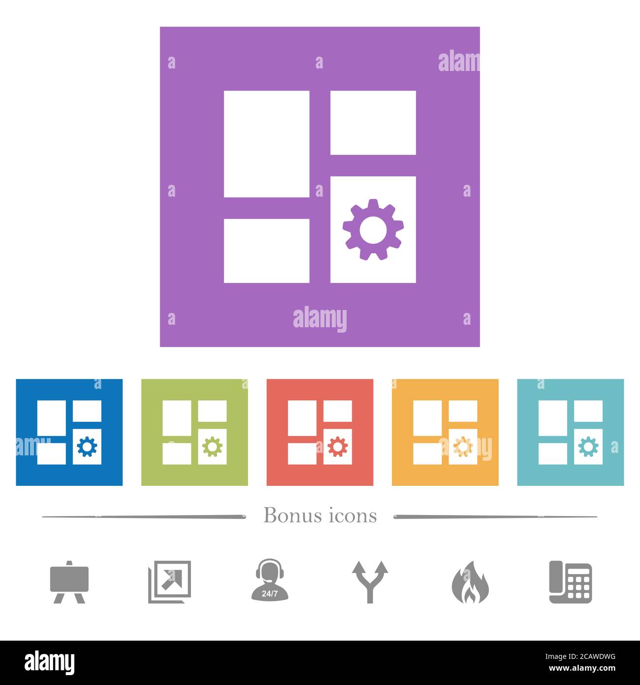Dashboard settings flat white icons in square backgrounds. 6 bonus ...