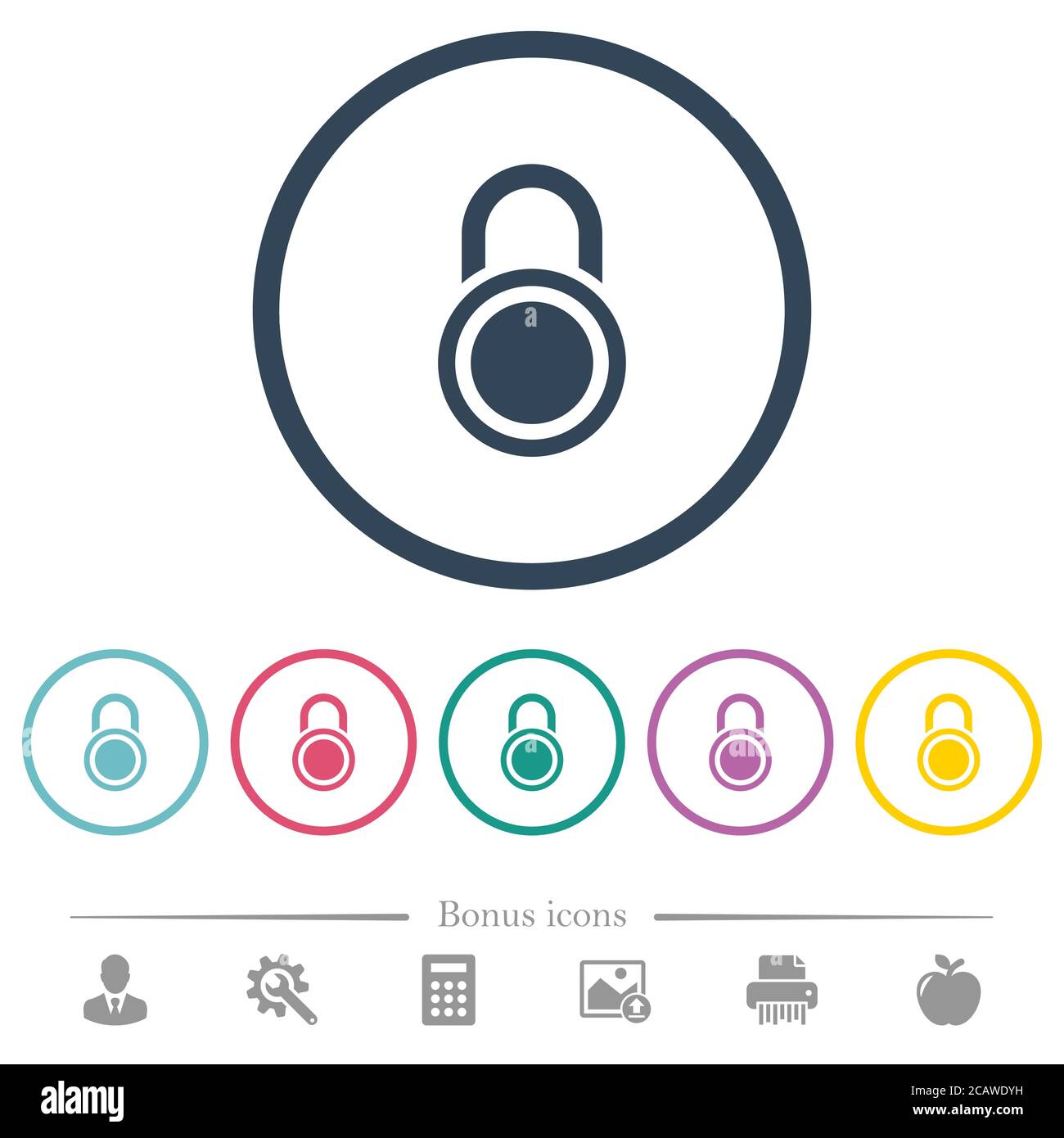 Locked round padlock flat color icons in round outlines. 6 bonus icons ...
