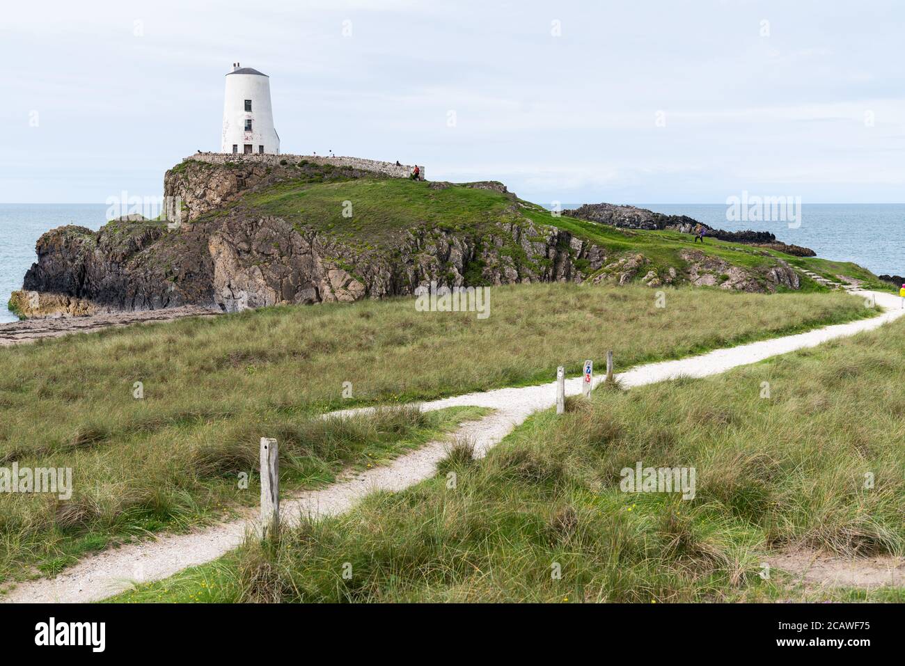 A general view of Twr Mawr lighthouse on Llanddwyn Island on the isle of Anglesey in north Wales. Stock Photo
