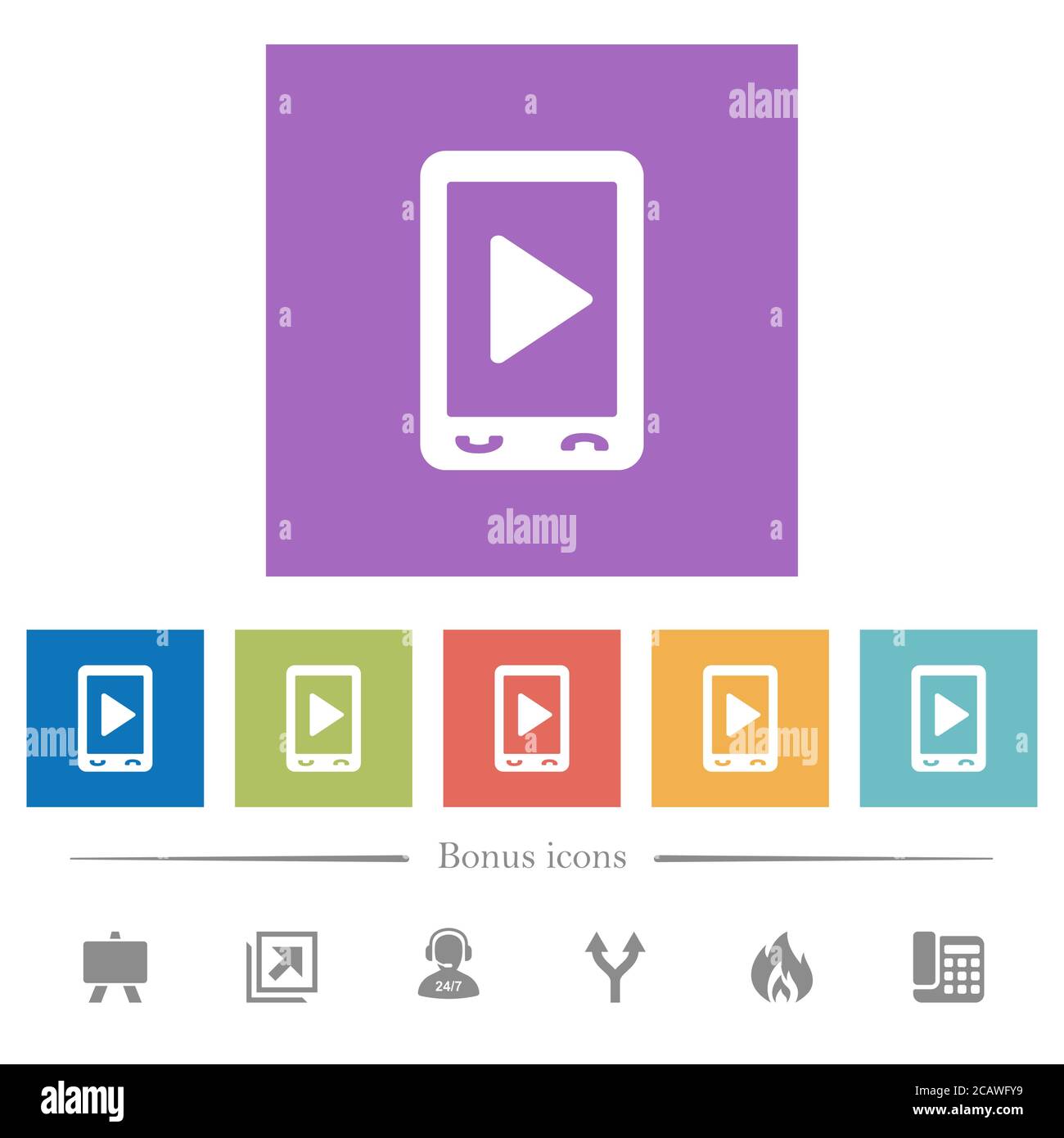 Mobile play media flat white icons in square backgrounds. 6 bonus icons ...