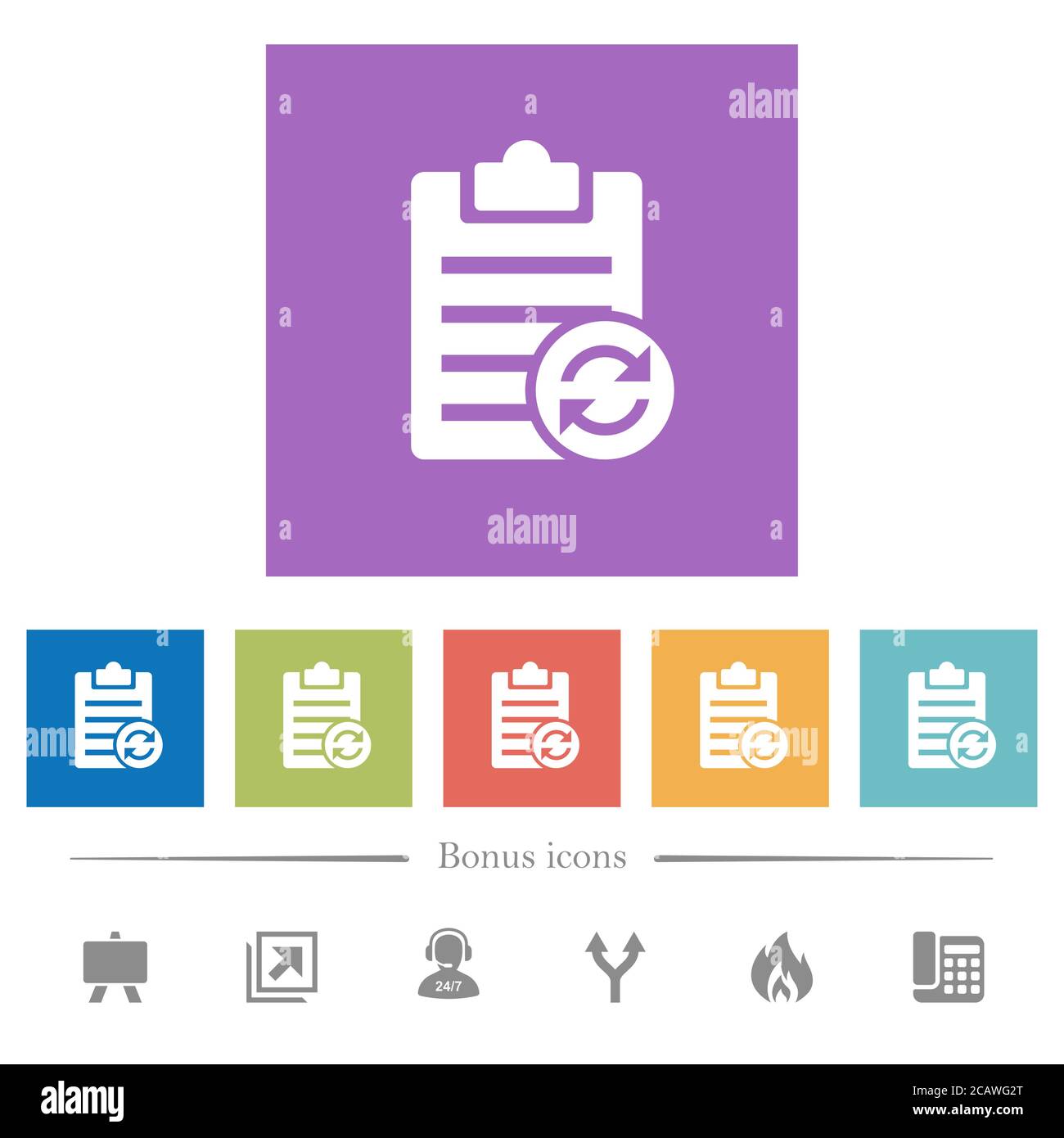 Syncronize note flat white icons in square backgrounds. 6 bonus icons ...