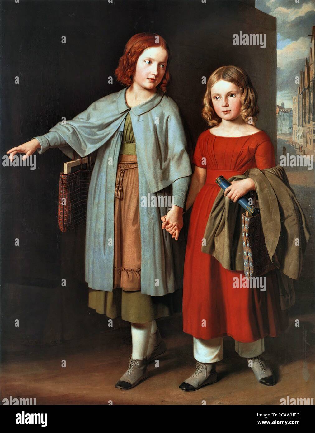 Hennig Gustav Adolph - the Artist's Daughters on the Way to School - German School - 19th  Century Stock Photo