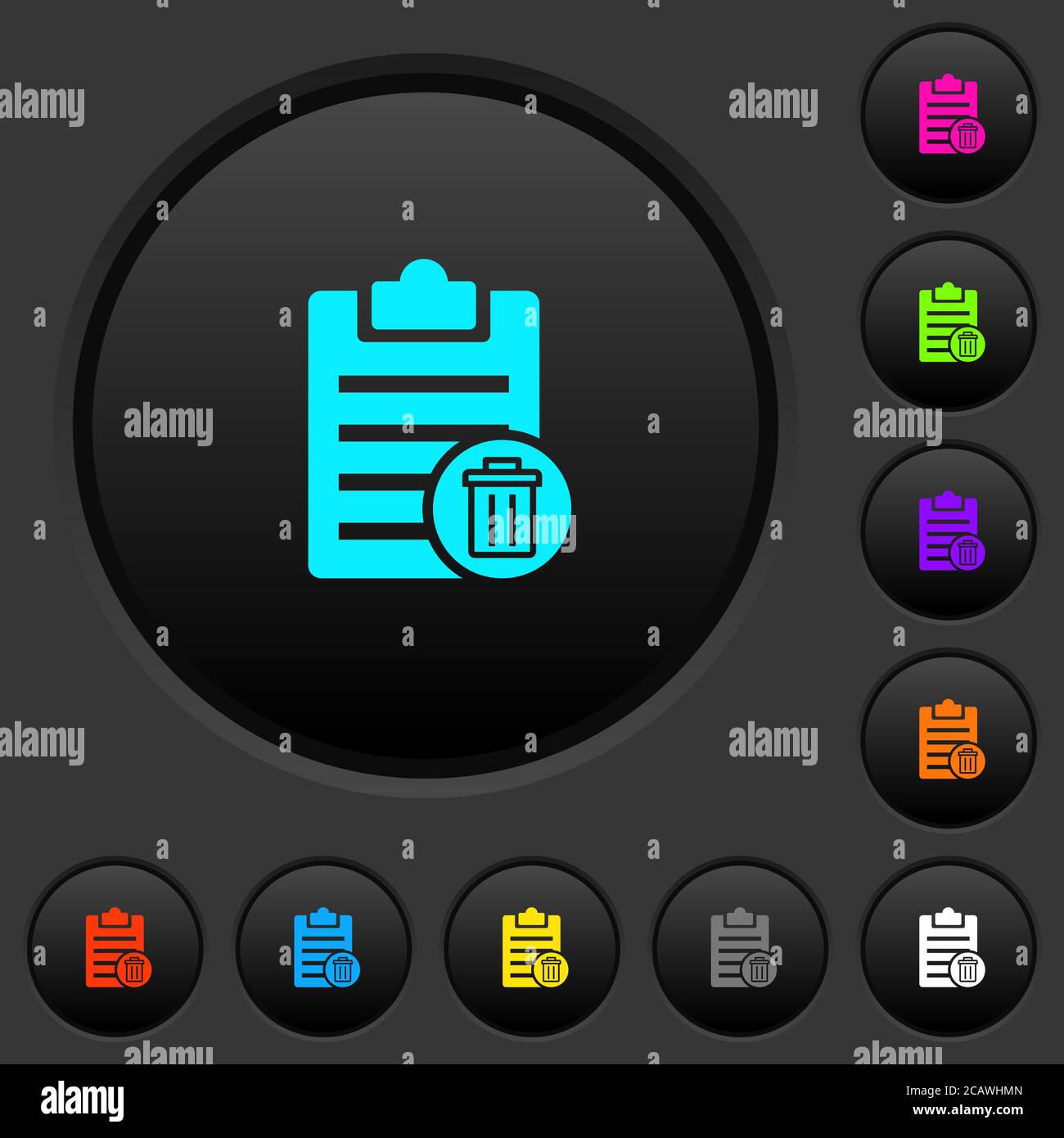 Delete note dark push buttons with vivid color icons on dark grey ...