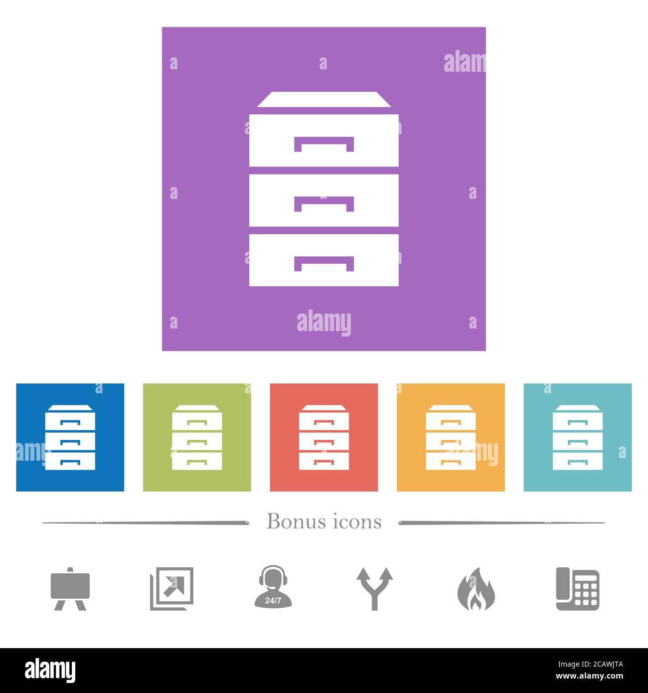 Categorize flat white icons in square backgrounds. 6 bonus icons ...
