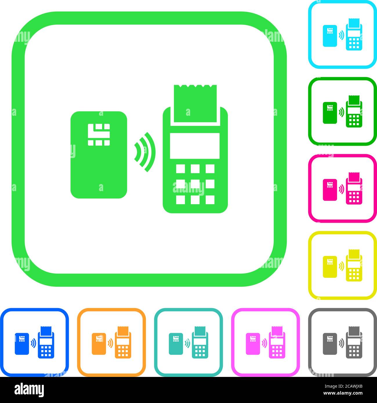 Contactless payment vivid colored flat icons in curved borders on white ...