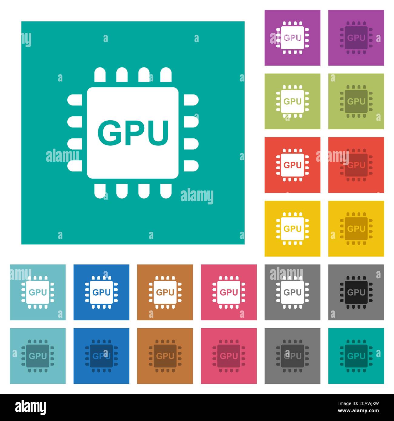 Graphics processing unit multi colored flat icons on plain square backgrounds. Included white and darker icon variations for hover or active effects. Stock Vector