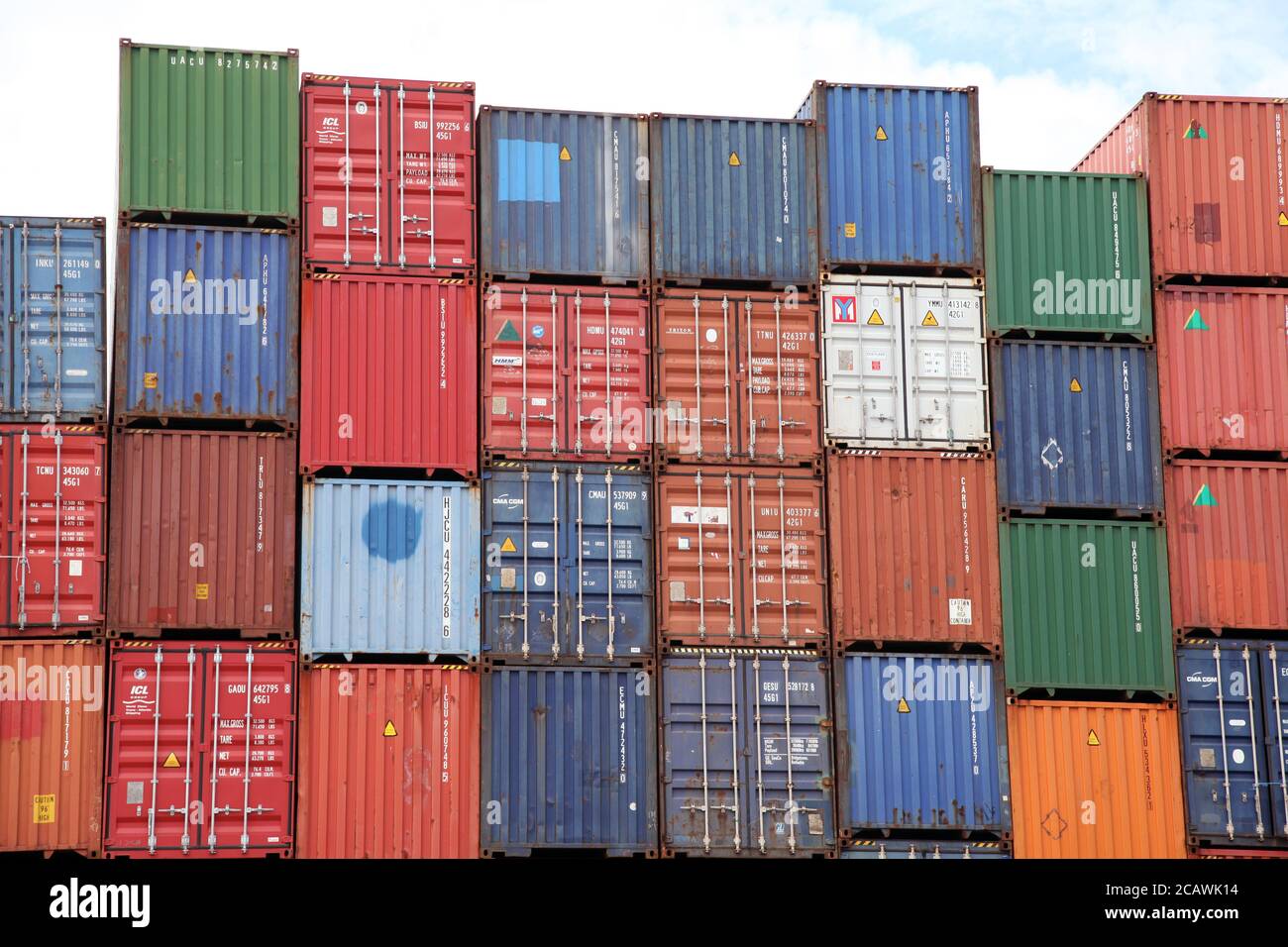 Southampton Port Shipping Containers stacked, Dock Gate 10, Southern Road, Southampton, England, UK, August 2020 Stock Photo