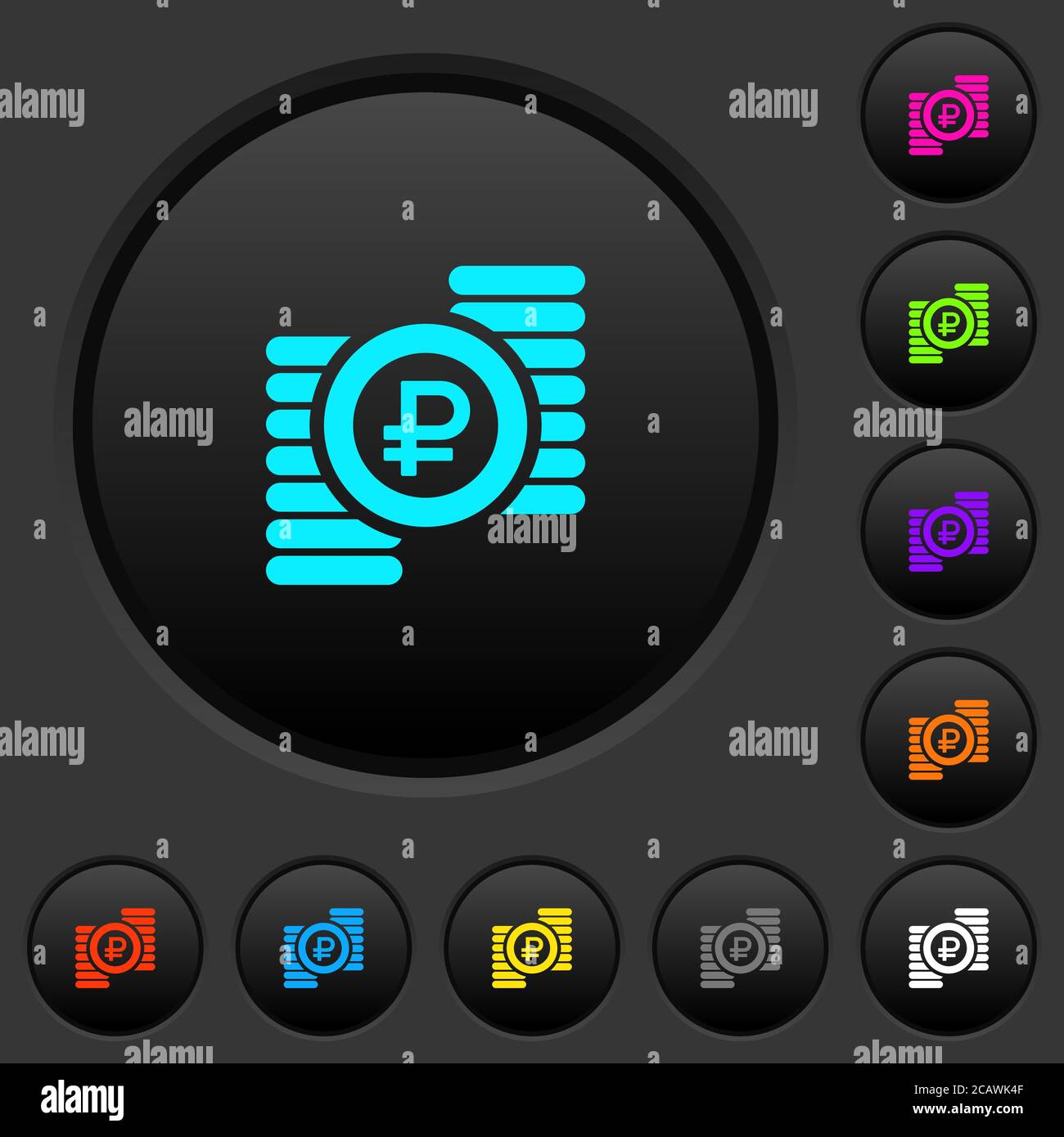 Ruble coins dark push buttons with vivid color icons on dark grey ...
