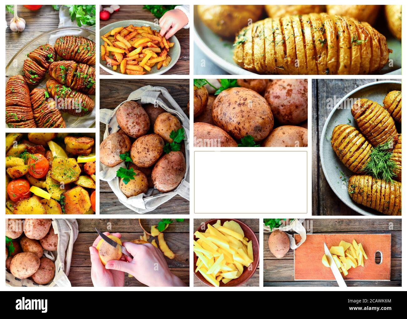 Various tasty food close-up. Food collage. Assortment and menu. Free space for text. Cooked potatoes. Potato dish options. Stock Photo