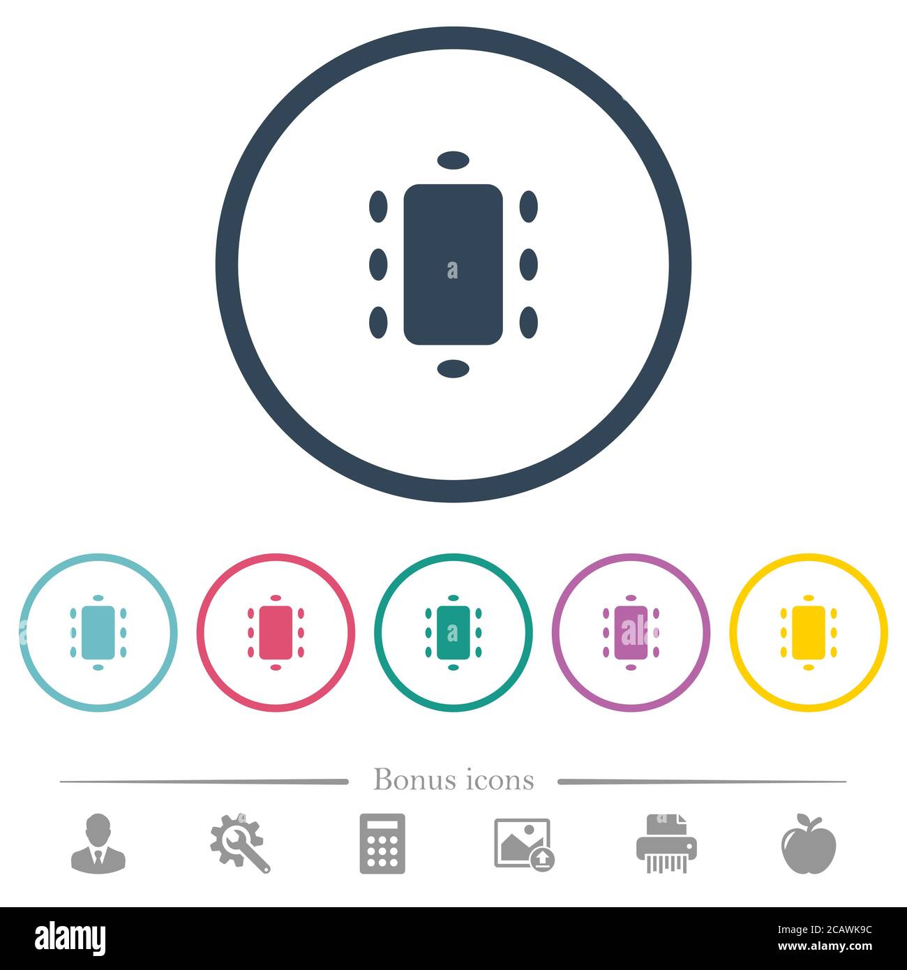 Meeting flat color icons in round outlines. 6 bonus icons included ...